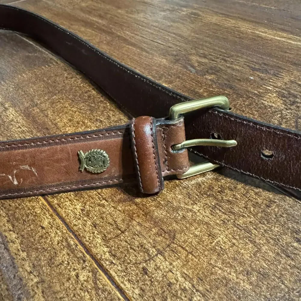 Vintage Tommy Hilfiger Leather Belt 38 Brown Solid Brass Gold Tone Buckle Logo